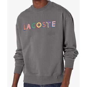 Lacoste Men's Long Sleeve Rainbow Wording Crewneck Sweatshirt Heather Lead L